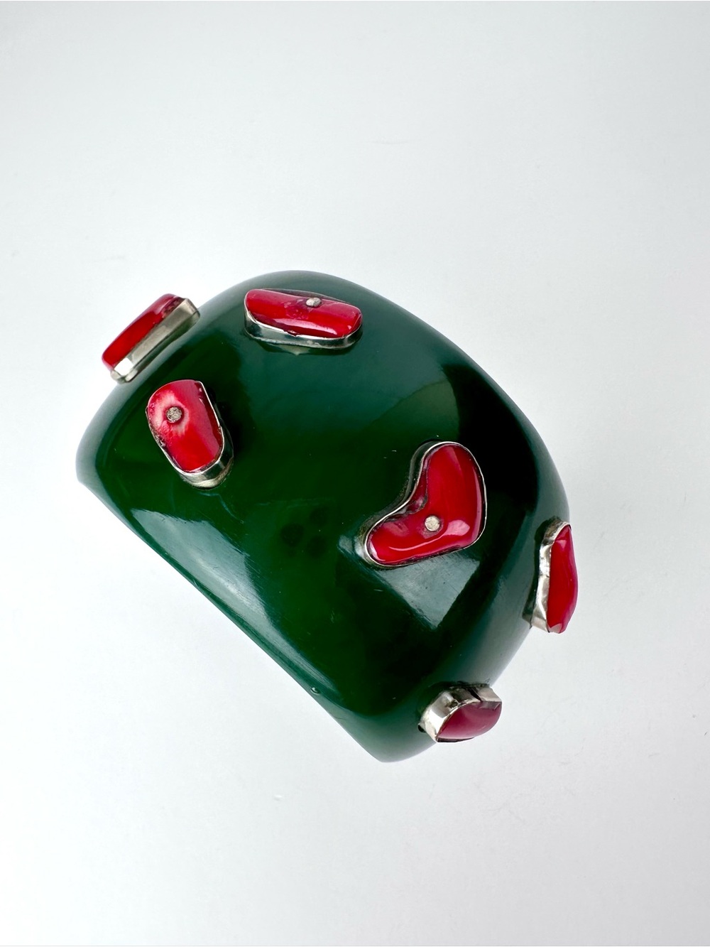 Massive Green Resin & Red Coral Sterling Silver Statement Cuff Bracelet - Picture 7 of 12